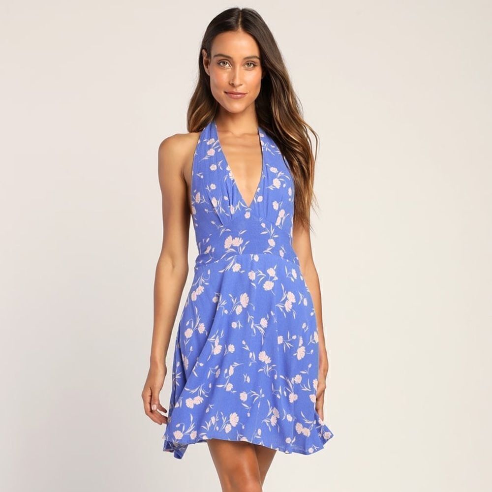 ✨ Bright Skies Blue Floral Print Halter Mini Dress✨